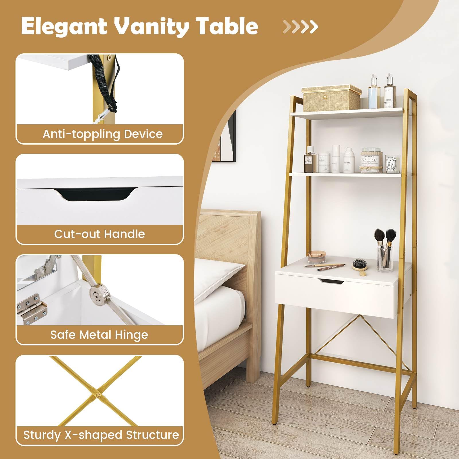 Vanity Table Set with Flip Top Mirror and Cushioned Stool
