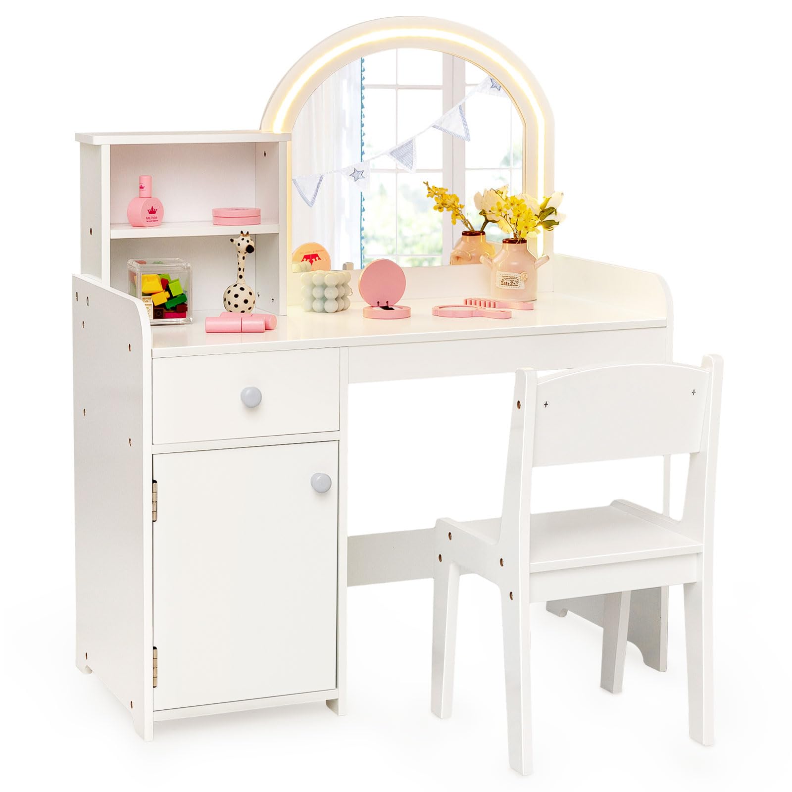 Kids Vanity, Princess Makeup Desk and Chair Set with Lights Mirror Drawer Storage Shelves