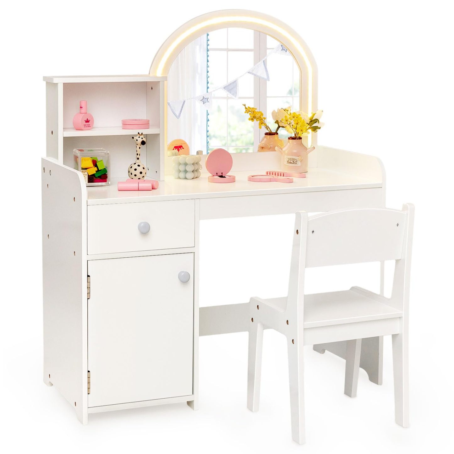 Kids Vanity, Princess Makeup Desk and Chair Set with Lights Mirror Drawer Storage Shelves