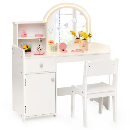 Kids Vanity, Princess Makeup Desk and Chair Set with Lights Mirror Drawer Storage Shelves