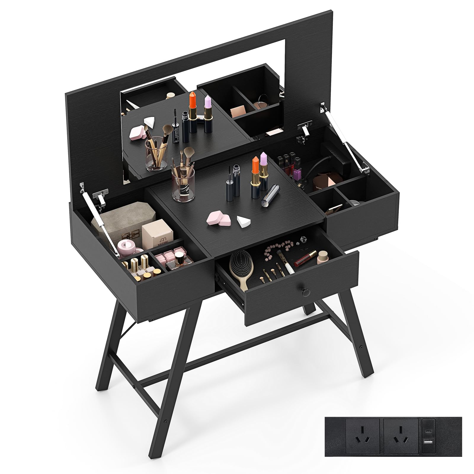 2-in-1 Vanity Desk, Flip Top Vanity Table with Mirror, Charging Station, Large/Small Tabletop