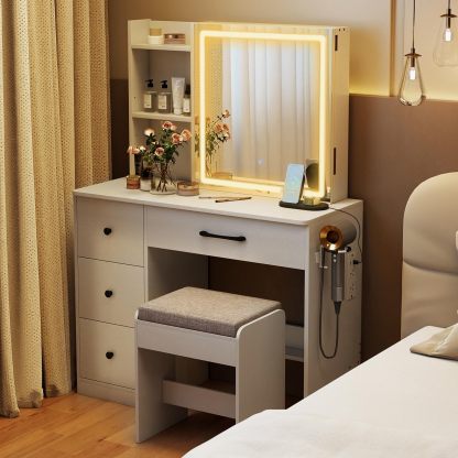Vanity Desk with Sliding Mirror and Lights, Makeup Table and Chair Set