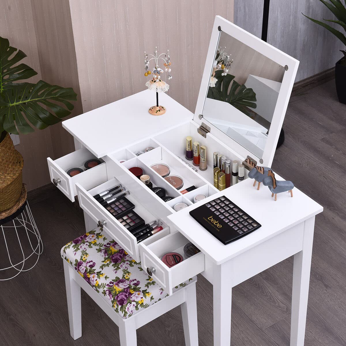 2-in-1 Vanity Table Set, Makeup Table w/Flip Top Mirror, 3 Drawers & Large Tabletop