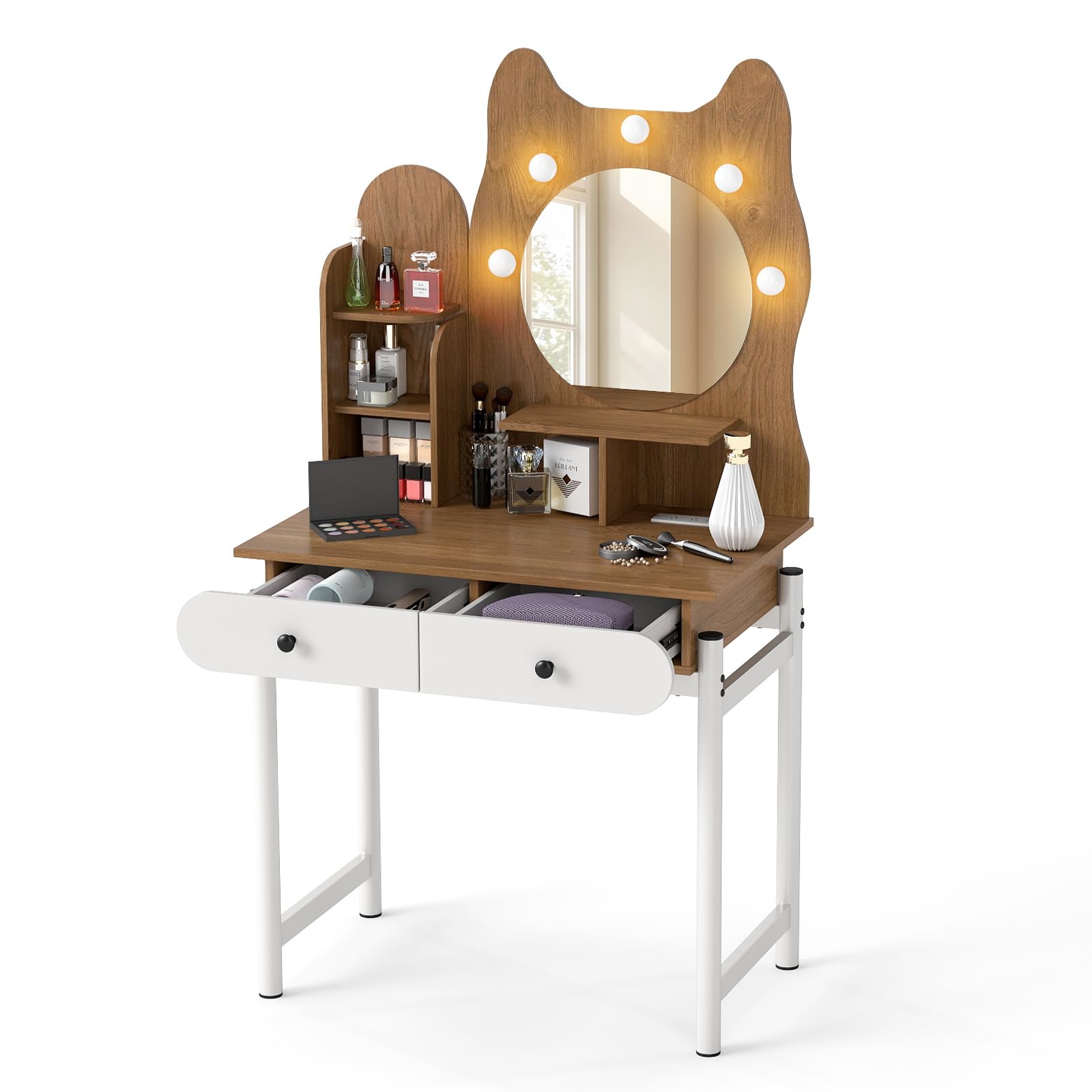 Kitty-Shaped Vanity Desk with Mirror and Lights