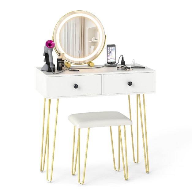 Makeup Dressing Table with Built-in Charging Station and 2 Drawers