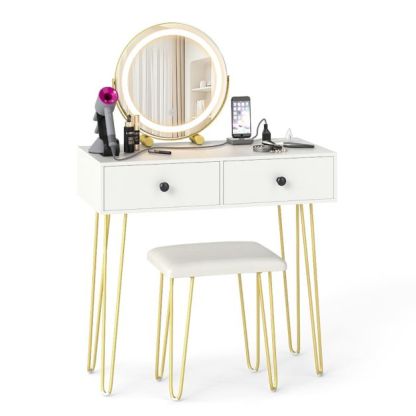 Makeup Dressing Table with Built-in Charging Station and 2 Drawers