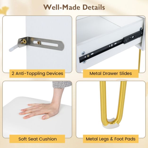 Makeup Dressing Table with Built-in Charging Station and 2 Drawers