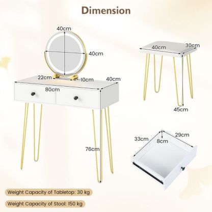 Makeup Dressing Table with Built-in Charging Station and 2 Drawers