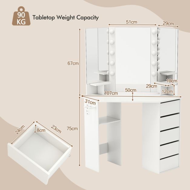 Corner Makeup Vanity Desk with Lighted Mirror and Power Outlets 