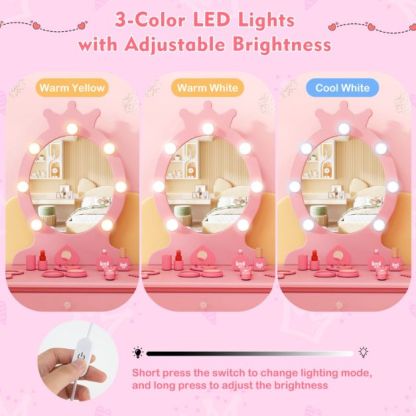 Ellegnt Kids Dressing Table/ Makeup Vanity Set with LED Lighted Mirror and Stool