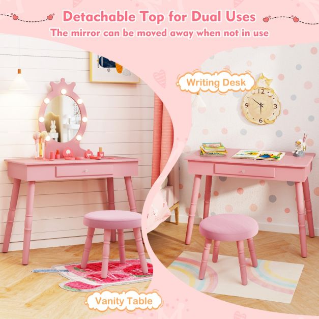 Ellegnt Kids Dressing Table/ Makeup Vanity Set with LED Lighted Mirror and Stool