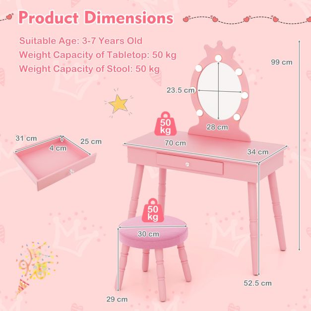 Ellegnt Kids Dressing Table/ Makeup Vanity Set with LED Lighted Mirror and Stool