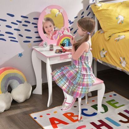 Ellegnt Kids Dressing Table/ Vanity and Chair Set with Mirror and Stool TOP 50 Bonus Trinkets Set