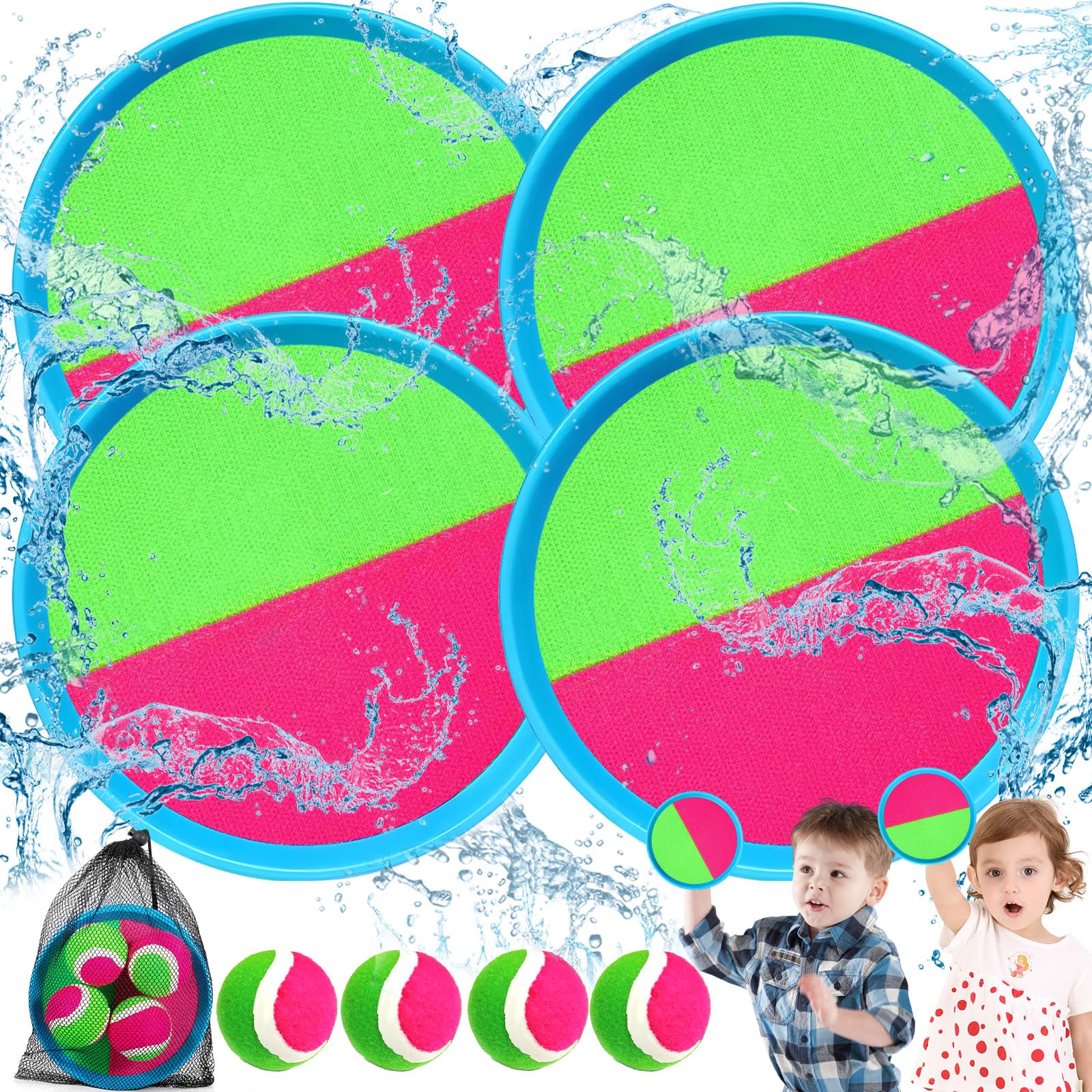 Juego de lanzamiento de pelota y juguete de playa para niños de 3, 4, 5 y 6 años. Juego de lanzamiento de pelota liviano para niños y adultos con 4 paletas y 4 pelotas para jardín.