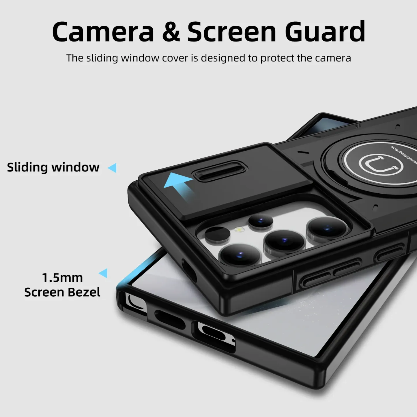 Samsung Galaxy S24 S23 Plus Ultra S22 Case Matte Skin-Friendly Magnetic Rotating Ring Holder Sliding Window Lens Back Cover