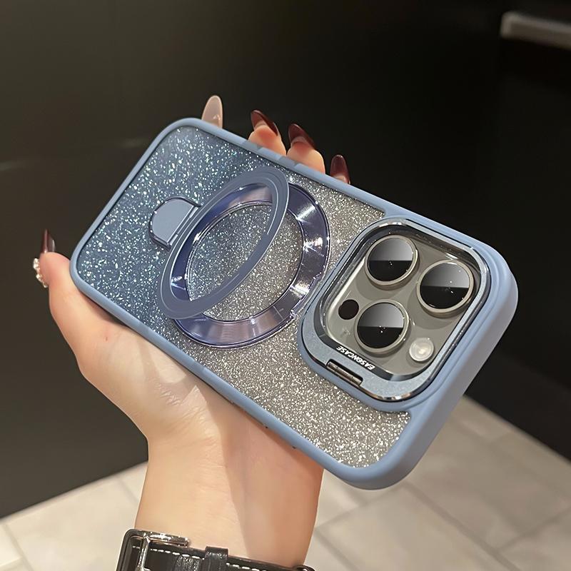 iPhone Anti-Yellowing Frame Bracket Glitter Magnetic Phone Case With Rotating Bracket