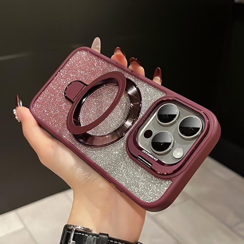iPhone Anti-Yellowing Frame Bracket Glitter Magnetic Phone Case With Rotating Bracket