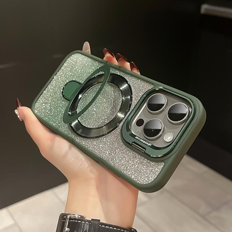 iPhone Anti-Yellowing Frame Bracket Glitter Magnetic Phone Case With Rotating Bracket