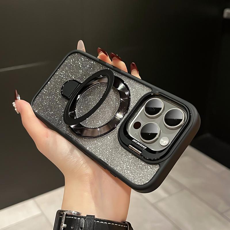 iPhone Anti-Yellowing Frame Bracket Glitter Magnetic Phone Case With Rotating Bracket