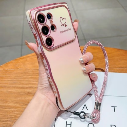Electroplating large window side love colorful anti-fall phone case with lanyard for Samsung Galaxy S25/S24/S23/S22 ultra