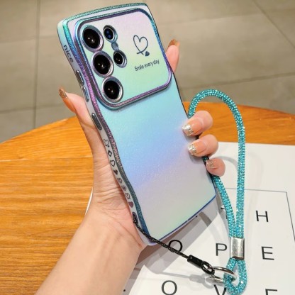 Electroplating large window side love colorful anti-fall phone case with lanyard for Samsung Galaxy S25/S24/S23/S22 ultra
