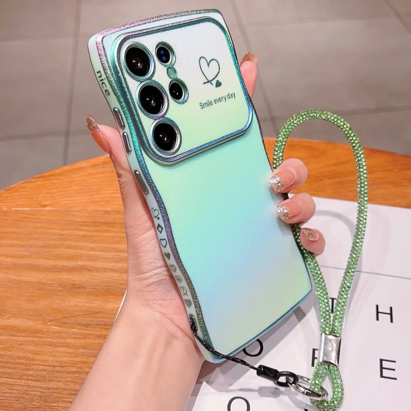 Electroplating large window side love colorful anti-fall phone case with lanyard for Samsung Galaxy S25/S24/S23/S22 ultra