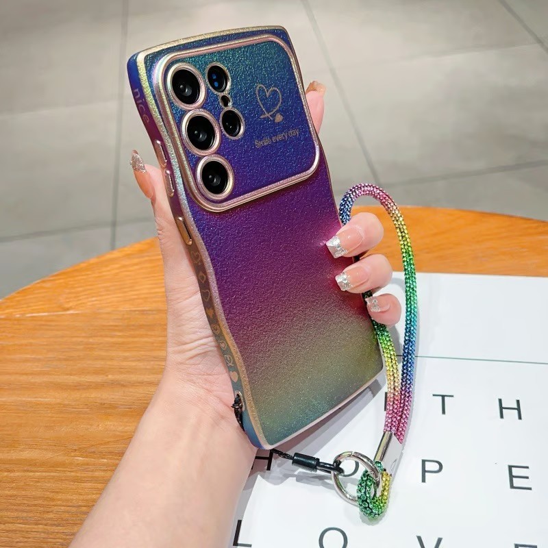 Electroplating large window side love colorful anti-fall phone case with lanyard for Samsung Galaxy S25/S24/S23/S22 ultra