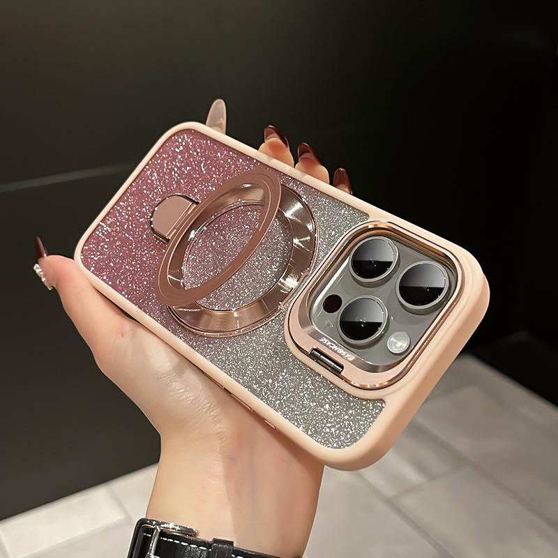 iPhone Anti-Yellowing Frame Bracket Glitter Magnetic Phone Case With Rotating Bracket