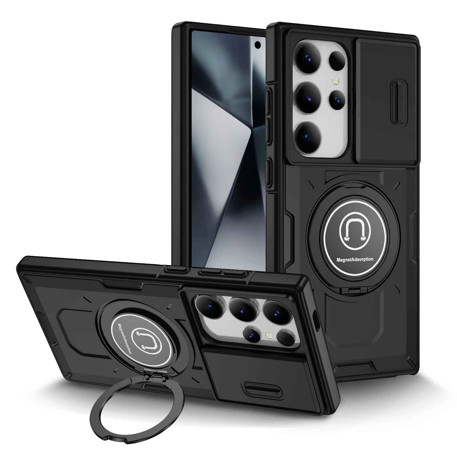 Samsung Galaxy S24 S23 Plus Ultra S22 Case Matte Skin-Friendly Magnetic Rotating Ring Holder Sliding Window Lens Back Cover
