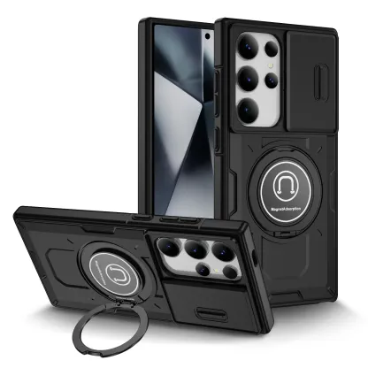 Samsung Galaxy S24 S23 Plus Ultra S22 Case Matte Skin-Friendly Magnetic Rotating Ring Holder Sliding Window Lens Back Cover