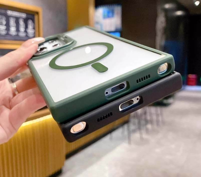 Transparent magnetic wireless charging phone case with frame holder for Samsung S25 ~ S22 Ultra