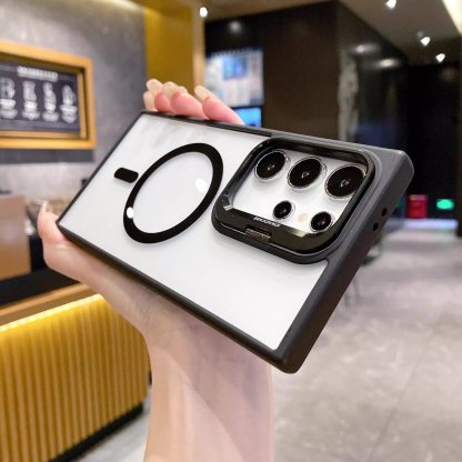 Transparent magnetic wireless charging phone case with frame holder for Samsung S25 ~ S22 Ultra