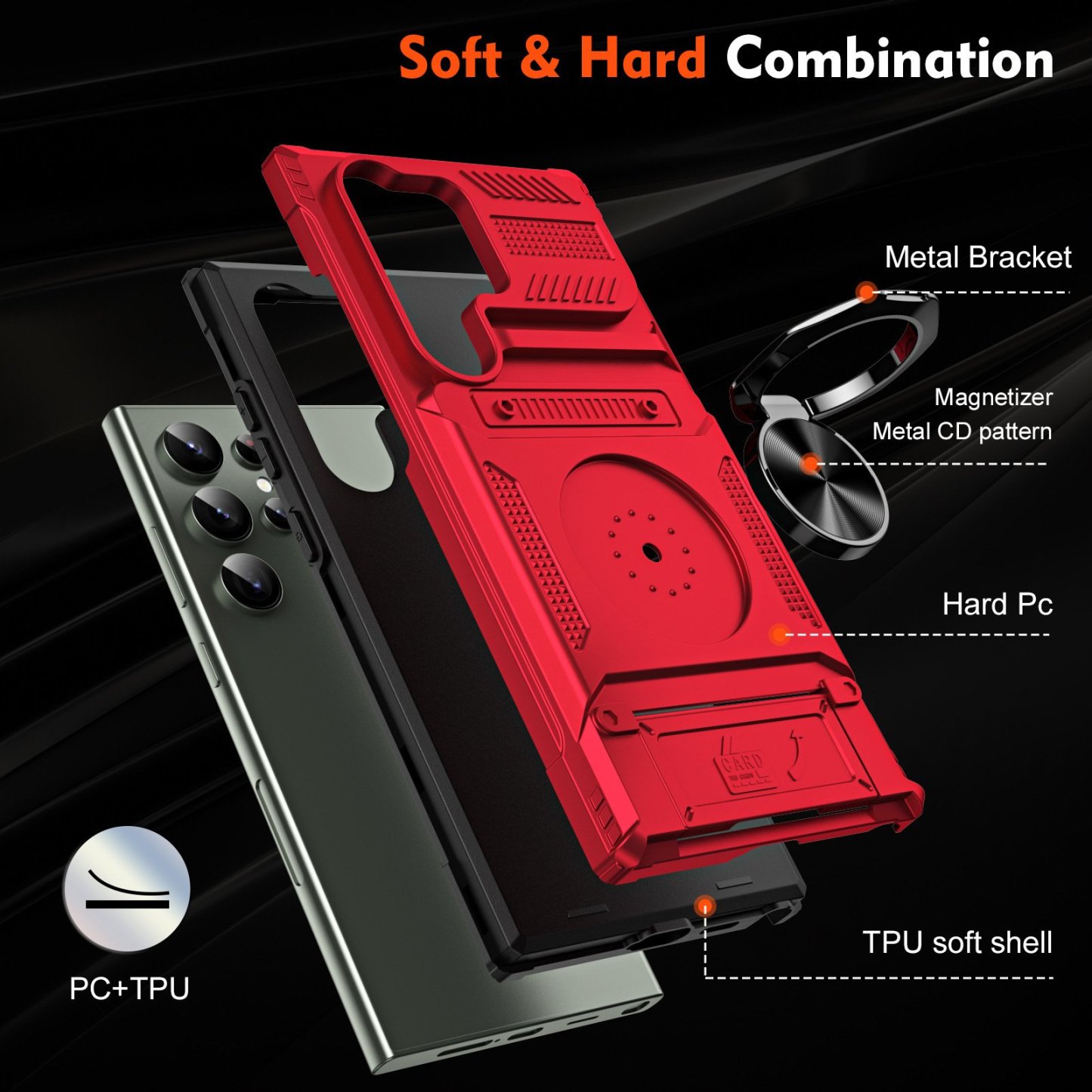 Shockproof Phone Case with Card Holder & 360° Magnetic Ring Stand Dual Layer Protective Phone Case for Samsung Galaxy S25/S24/S23 Ultra Plus FE