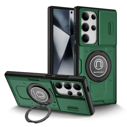 Samsung Galaxy S24 S23 Plus Ultra S22 Case Matte Skin-Friendly Magnetic Rotating Ring Holder Sliding Window Lens Back Cover