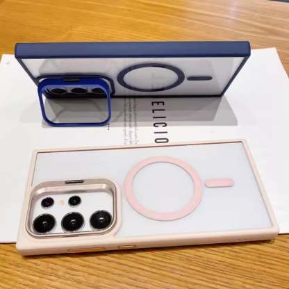 Transparent magnetic wireless charging phone case with frame holder for Samsung S25 ~ S22 Ultra