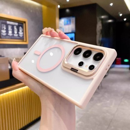 Transparent magnetic wireless charging phone case with frame holder for Samsung S25 ~ S22 Ultra