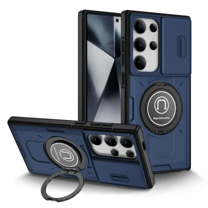 Samsung Galaxy S24 S23 Plus Ultra S22 Case Matte Skin-Friendly Magnetic Rotating Ring Holder Sliding Window Lens Back Cover