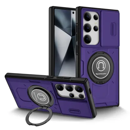 Samsung Galaxy S24 S23 Plus Ultra S22 Case Matte Skin-Friendly Magnetic Rotating Ring Holder Sliding Window Lens Back Cover