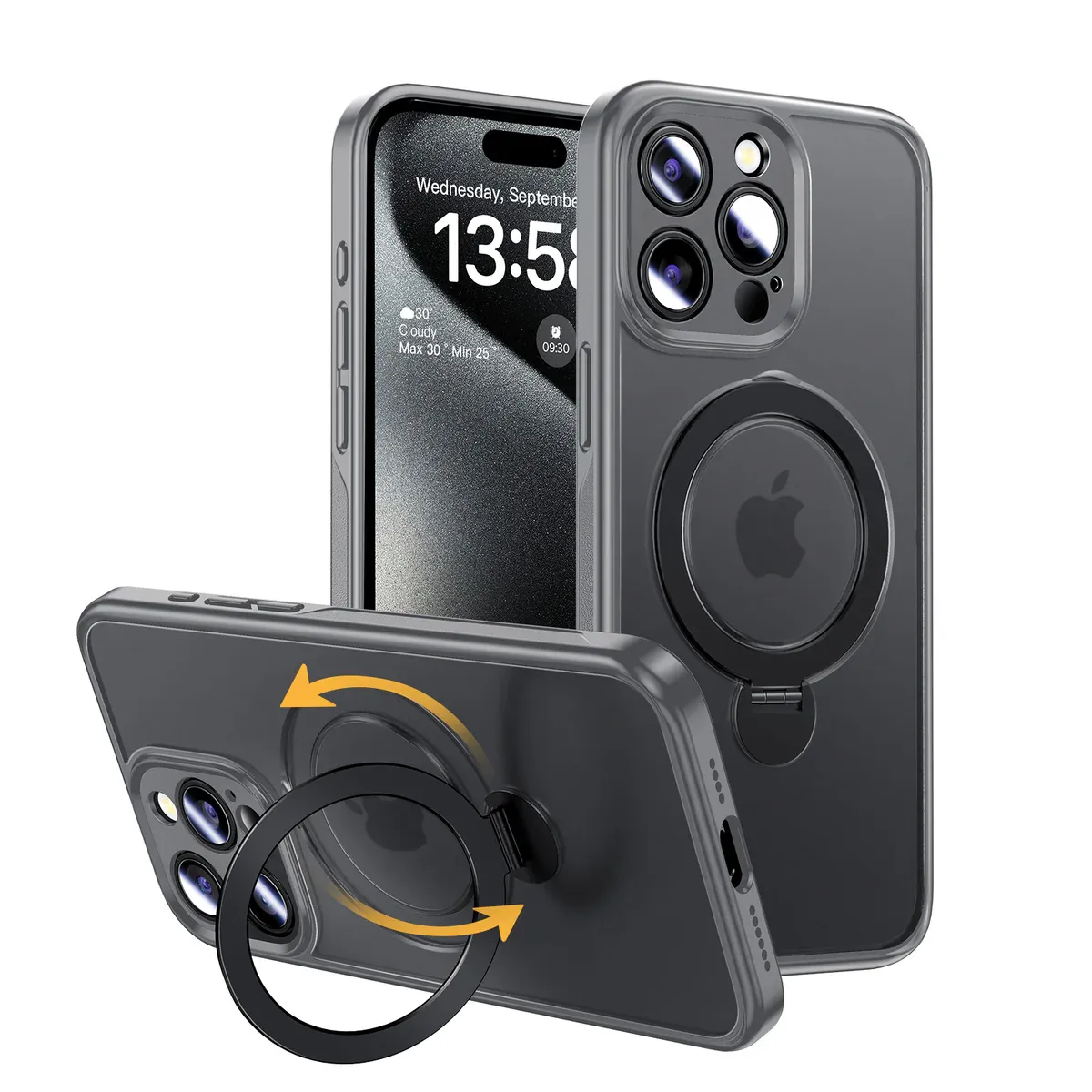360° Full protection invisible magnetic bracket frosted phone case for iPhone 16 ~ 12 series