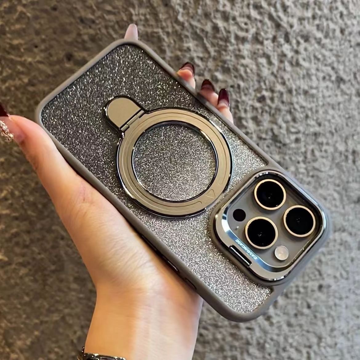 iPhone Anti-Yellowing Frame Bracket Glitter Magnetic Phone Case With Rotating Bracket