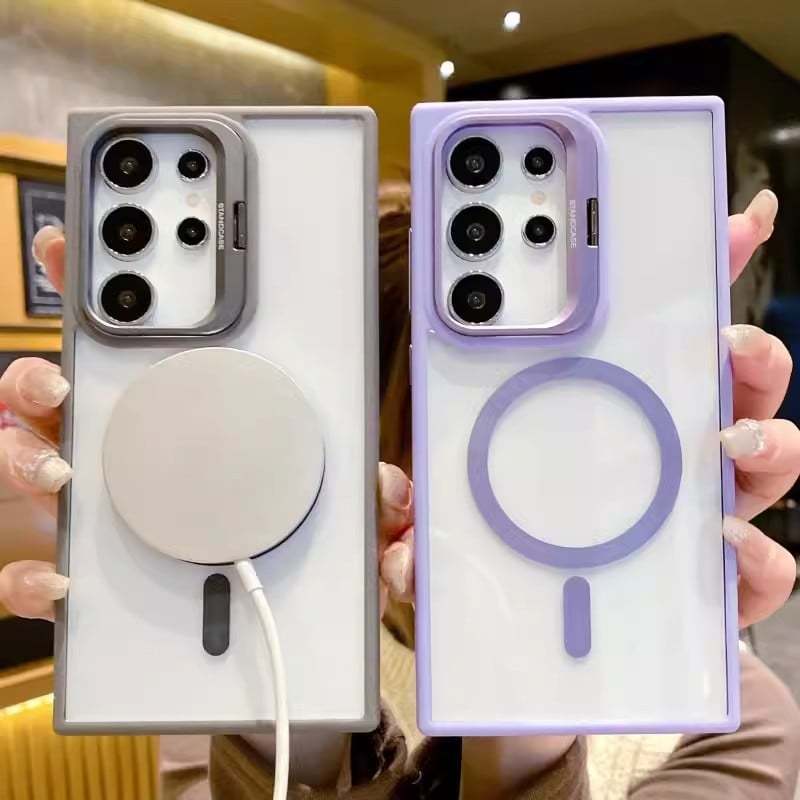 Transparent magnetic wireless charging phone case with frame holder for Samsung S25 ~ S22 Ultra