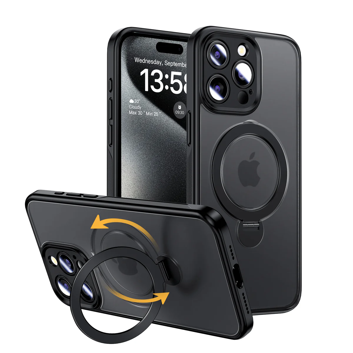 360° Full protection invisible magnetic bracket frosted phone case for iPhone 16 ~ 12 series