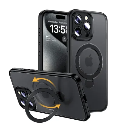 360° Full protection invisible magnetic bracket frosted phone case for iPhone 16 ~ 12 series
