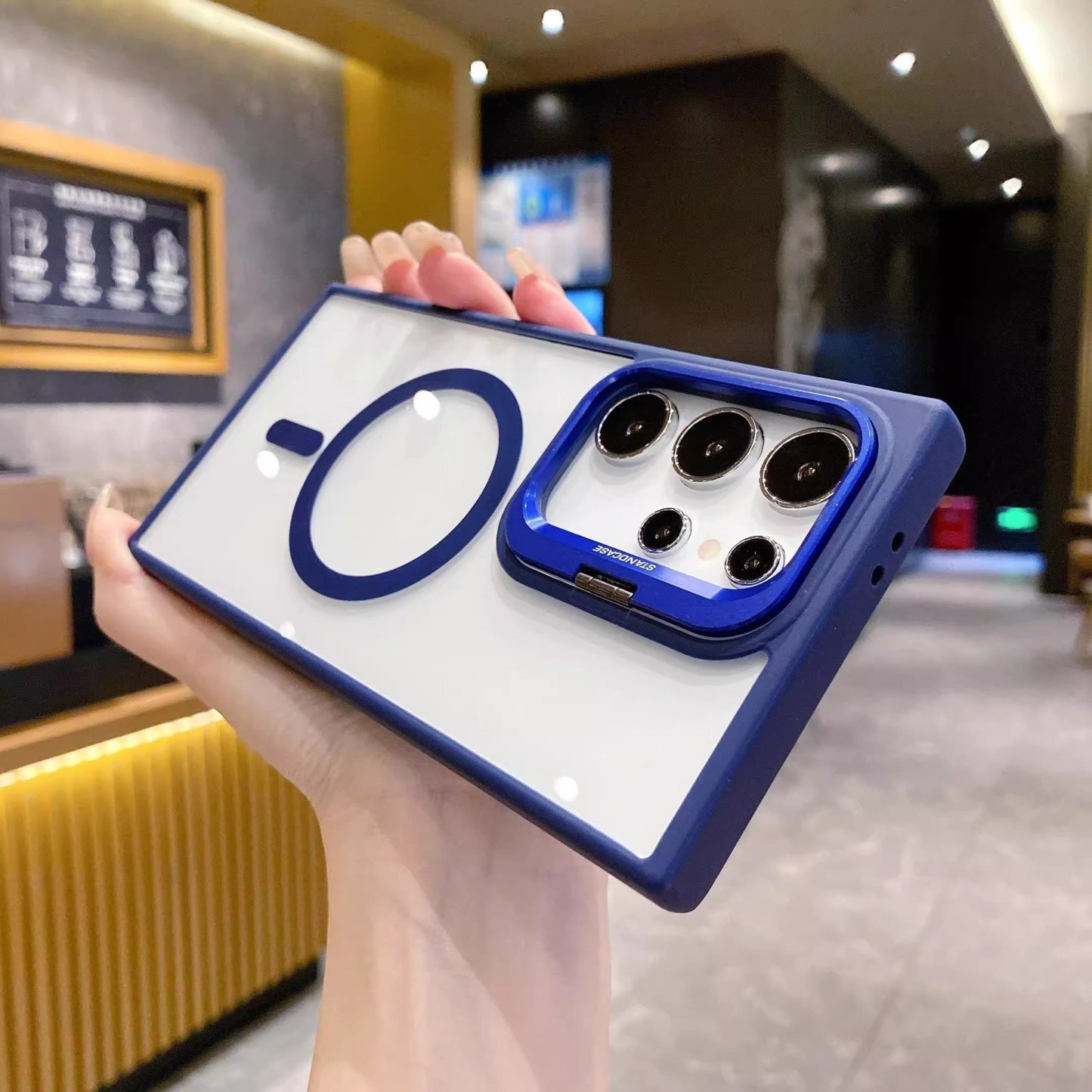 Transparent magnetic wireless charging phone case with frame holder for Samsung S25 ~ S22 Ultra