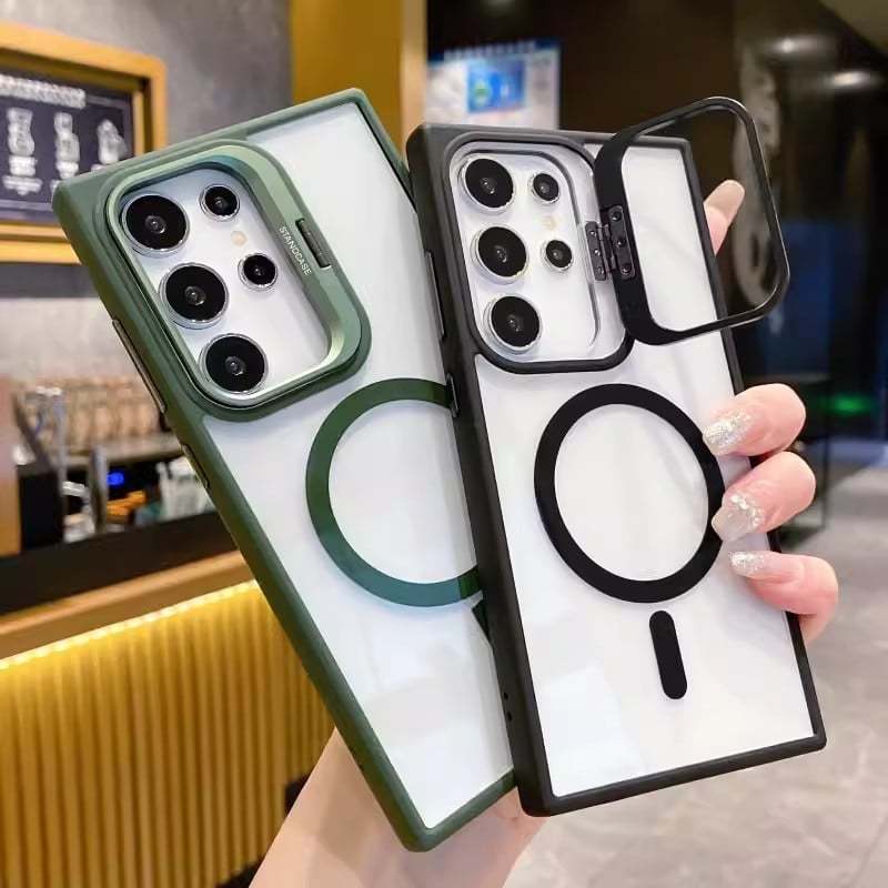 Transparent magnetic wireless charging phone case with frame holder for Samsung S25 ~ S22 Ultra