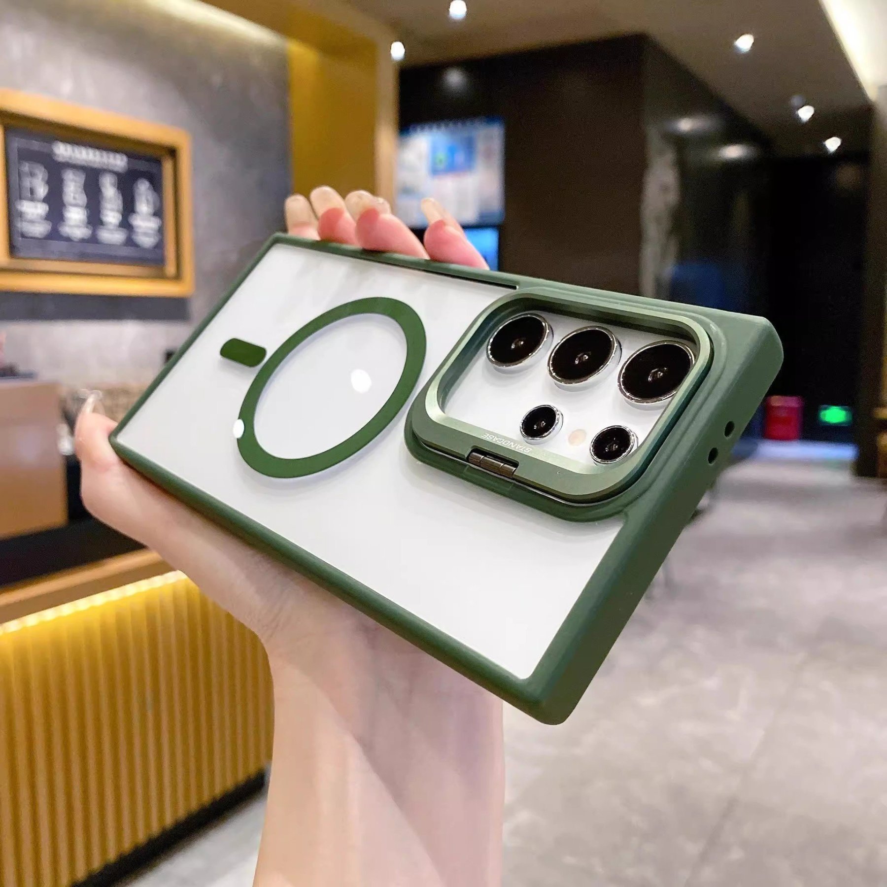 Transparent magnetic wireless charging phone case with frame holder for Samsung S25 ~ S22 Ultra