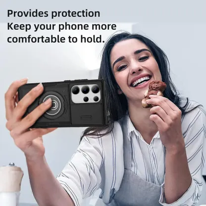 Samsung Galaxy S24 S23 Plus Ultra S22 Case Matte Skin-Friendly Magnetic Rotating Ring Holder Sliding Window Lens Back Cover