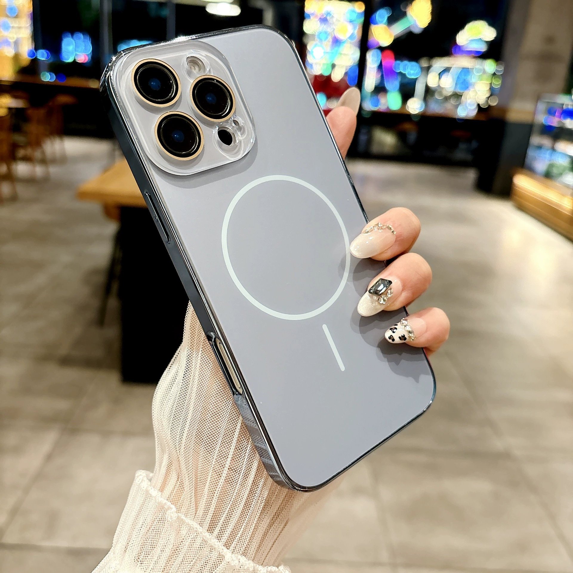 Electroplated AG frosted fine circle magnetic phone case with acrylic lens protection for iPhone 16/15/14/13/12 series