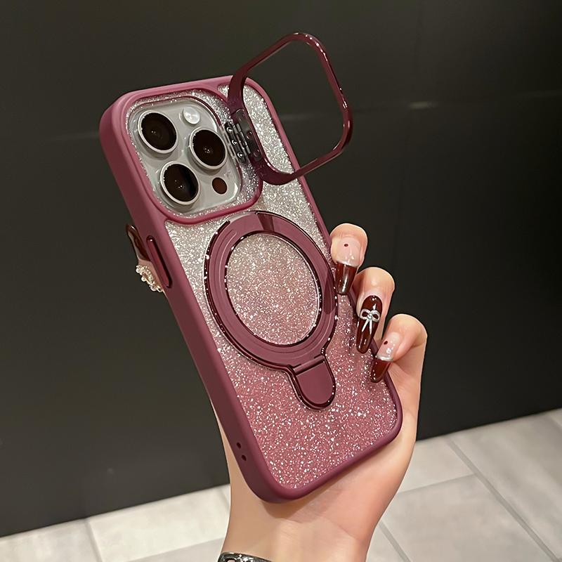 iPhone Anti-Yellowing Frame Bracket Glitter Magnetic Phone Case With Rotating Bracket
