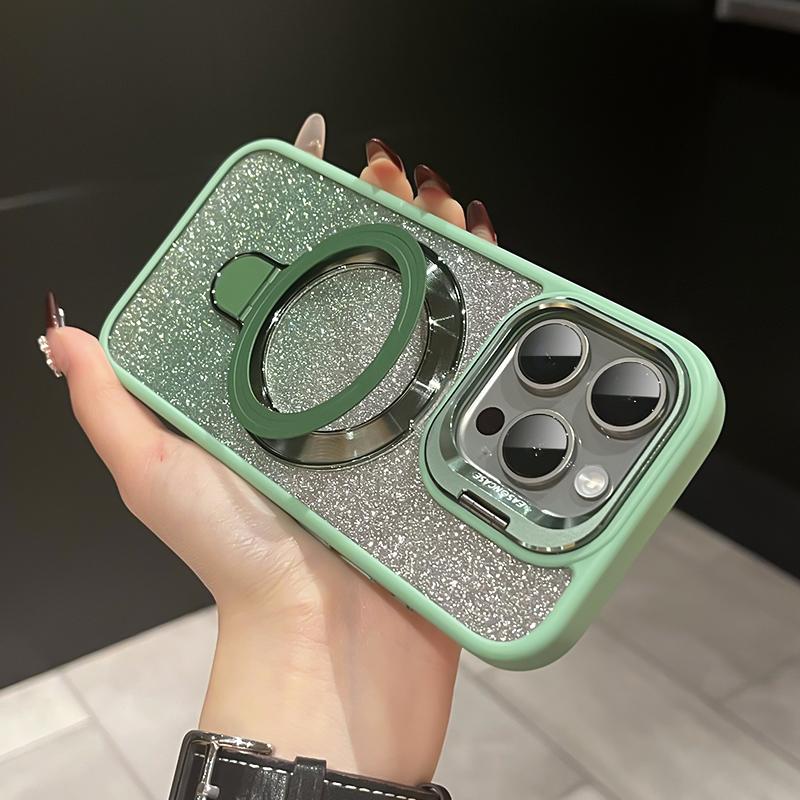 iPhone Anti-Yellowing Frame Bracket Glitter Magnetic Phone Case With Rotating Bracket